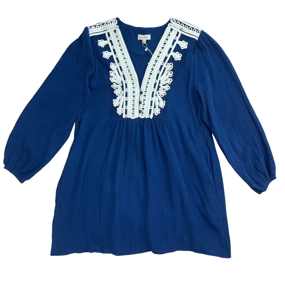 Womens Gauze Tunic Dress Navy Blue Embroidered Small Cotton Boho Coastal Cottage